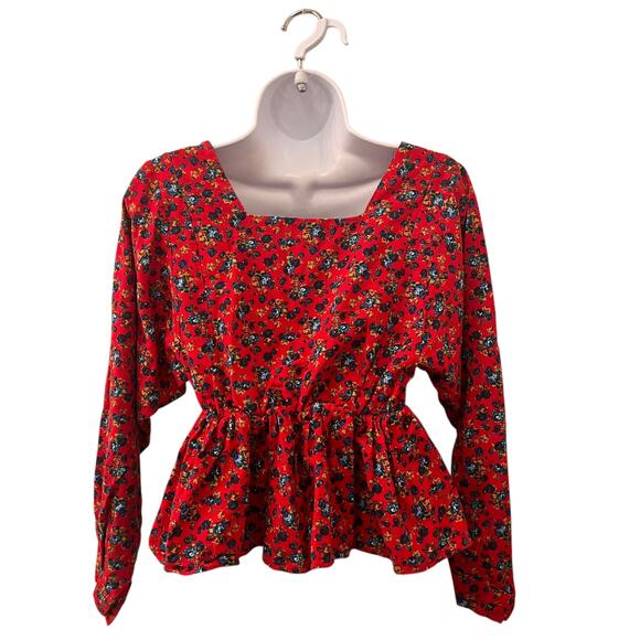 Romantic Cottagecore Red Floral Peplum Blouse | Square Neck Puff Sleeve Small - Picture 10 of 14